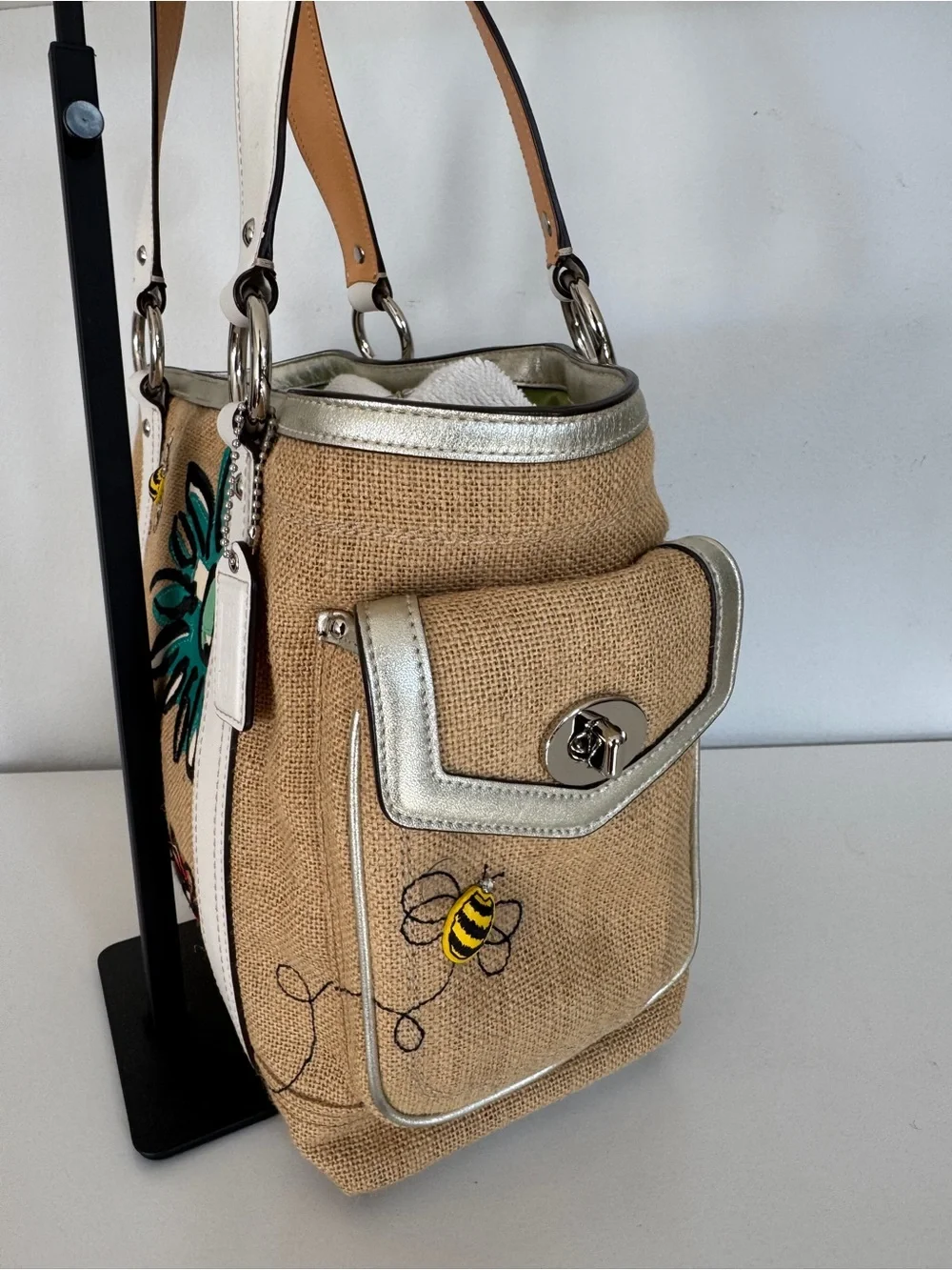 Coach Limited Edition Bumble Bee Floral Tote with White Trim and Green Interior